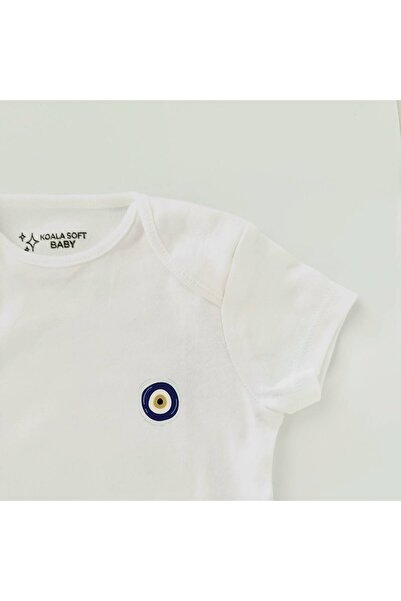 uykucu koala Nazar Boncuğu Baskılı Pamuklu Unisex Beyaz Kısa Kollu Çıtçıtlı Bebek Zıbın / Body