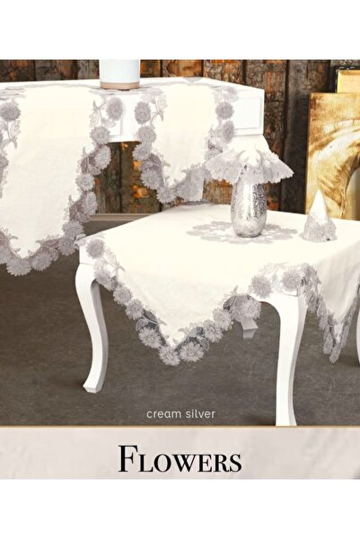 Ceki Home Flowers Model Cream 5 Piece Linen Lace Runner Set Luxury Living Roo...