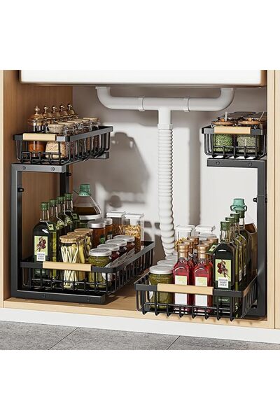 GENERAL 2 Tier Black Under Sink Organizer with Sliding Drawer,Height-Adjustab...