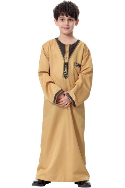 Generic Kids Thobe Long Sleeve Muslim Robe for Boys Solid Embroidered Thobe J...