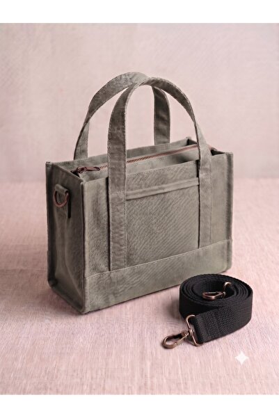 OLD COTTON BAGS Gri Kanvas Kadın El ve Omuz Çantası Ayarlanabilir Askılı Vint...