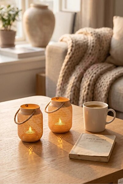 Smiley100S Jüt İpli Dekoratif Mini Fener Mumluk / LED Mum Uyumlu Ev, Balkon v...