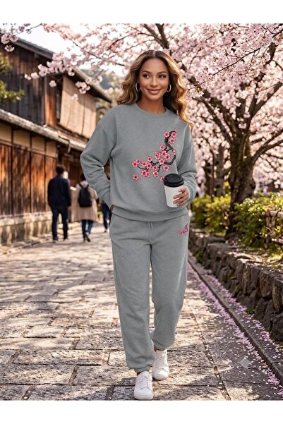 WOODROFFE Women's Sakura Printed Crew Neck Tracksuit Set Oversize