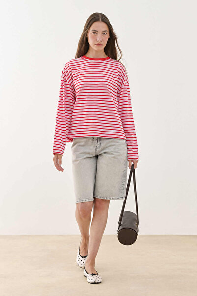 Fahhar Striped Long Sleeve Cotton T-Shirt Pink