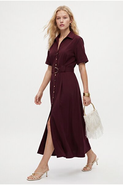 Ritnice Women's New Alisa Belted Gold Buttoned Long Woven Burgundy Shirt Dress