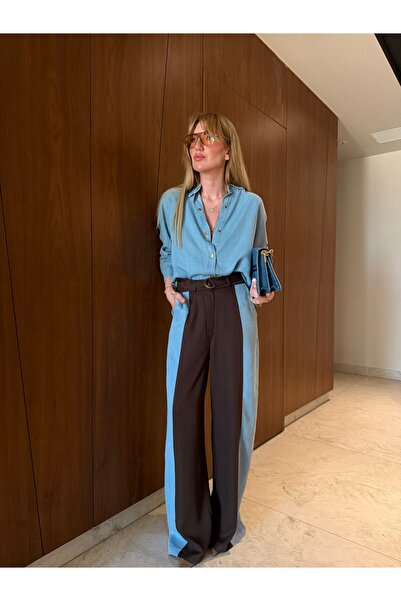 begum mayda Premium Tencel Jean Mix Buz Mavisi Gömlek & Pantolon Takım