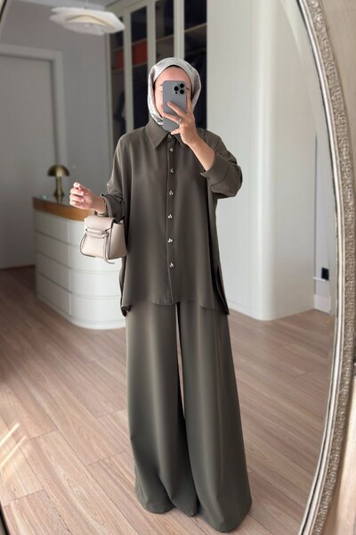 Ka Hijab Stone Buttoned Double Suit - Khaki