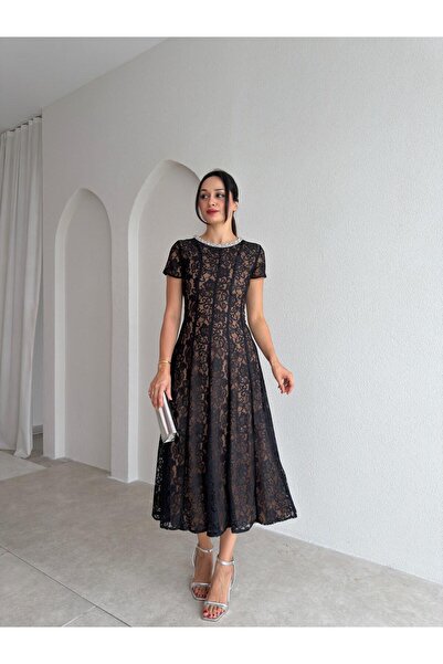 Mooi Butik Mare Lace Midi Dress 4036 - Black