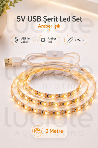 luciole 2 Metre Amber USB Şerit LED 5V Aç Kapa Düğmeli TV Arkası Mutfak Masa ...