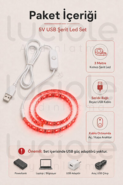 luciole 3 Metre 5V USB Kırmızı Şerit LED Aç Kapa Anahtarlı Gaming TV Masa Raf Araç Dekoratif Led