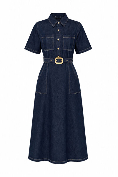 HAZELANNA Contrast Stitched Belted Denim Dress