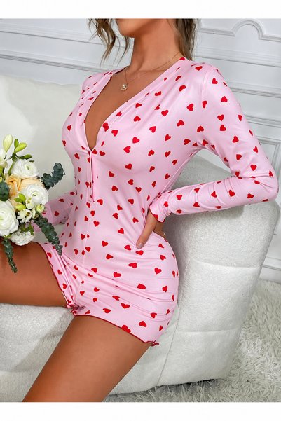 the DIFFerent Pink Heart Patterned Long Sleeve Pajama Jumpsuit