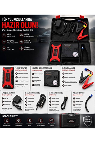 Akü Takviyeli Hava Pompası & Jump Starter 1300 mAh Powerbank – Çok Fonksiyonlu Araç Destek Kiti