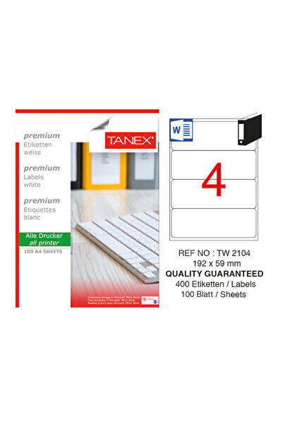 Tanex Self-Adhesive White Labels, Repositionable, 4/A4, 192X59Mm, 25 Sheets/T...