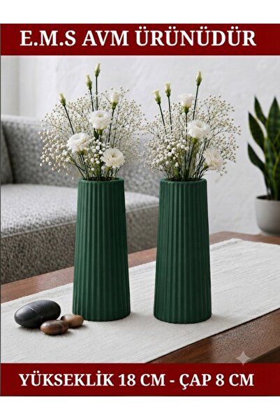 E.M.S AVM 2 Pieces Green Color Long Large Size Striped Vase Bohem Long Vase S...