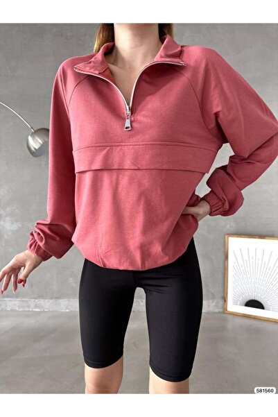 Modafeminen Dried Rose Zippered Two Yarn Sweatshirts 581560