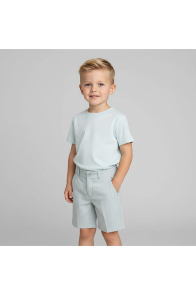 Aslı Türkoğlu Boys' Linen Shorts Light Sky Blue Striped Classic Cut Summer Sh...