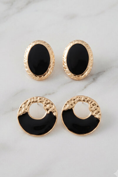 AURRARİ Black 2-Piece Perforated and Ellipse Vintage Earring Set