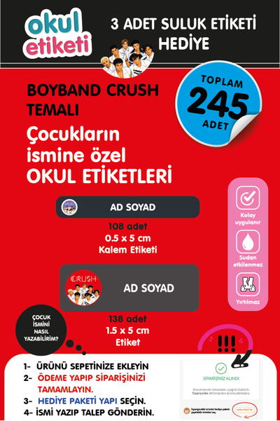 OKUL ETİKETİ BASKI OKUL ETİKETİ BOYBAND CRUSH TEMALI MİDİ PAKET İSME ÖZEL OKU...