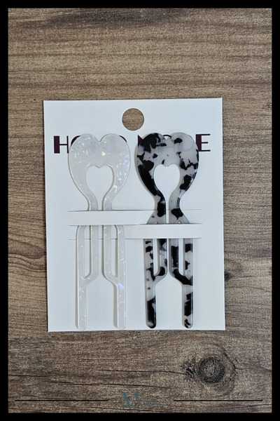 MAZEN 2 Adet Kalp Model Hairpin Saç Topuz Tokası Çubuk Toka Siyah Beyaz 11 cm