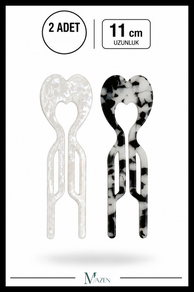 MAZEN 2 Pieces Heart Model Hairpin Hair Bun Clip Stick Clip Black White 11 cm