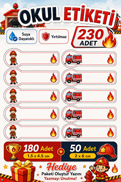 LABELOVE Kişiye Özel İtfaiye Okul Etiketi 230 Adet | Suya ve Yırtılmaya Dayan...