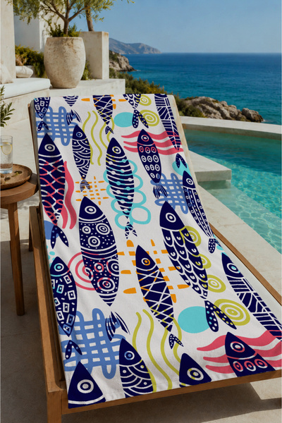 Evmila Colorful Fish Patterned 70X150 Beach Towel - Digital Printed Fade-Resi...