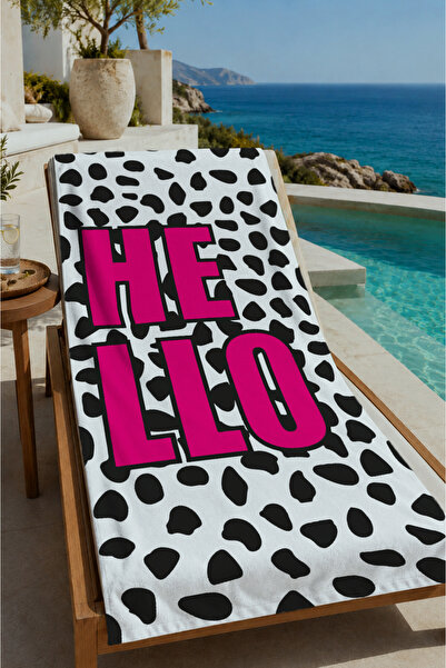 Evmila Black and White Dalmatian Spotted Pink Text Patterned 70X150 Beach Tow...