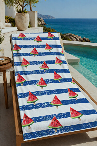 Evmila Blue and White Striped Sailboat Patterned 70X150 Beach Towel - Digital...