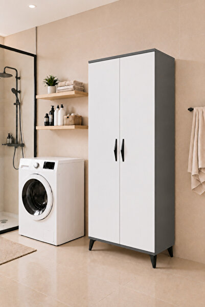 Mossano 2 Kapaklı 7 Raflı Mutfak Dolabı Banyo Dolabı Çok Amaçlı Dolap Antrasi...
