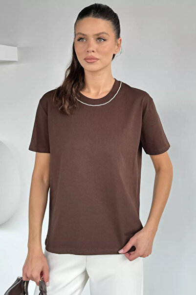 Aryena Brown Women's T-Shirt with Stone Detail on the Collar