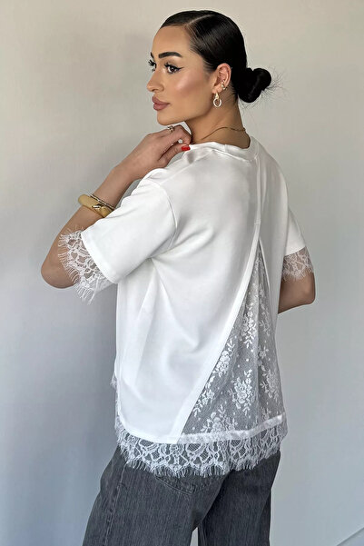 Aryena Cream Women's Lace Detailed T-Shirt