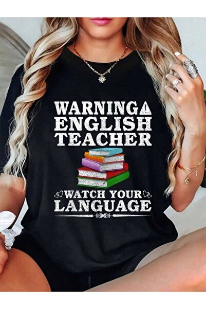 23ERVA Women's Funny English Teacher Saying T-Shirt Warning Watch Your Langua...
