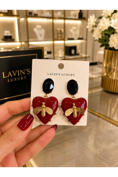 Lavin's Lavin's Luxury Bee Detailed Red Heart Black Stone Gold Earrings