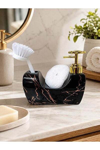 ALBETTO 342 Black Marble Patterned Porcelain Liquid Soap Dispenser with Brush...