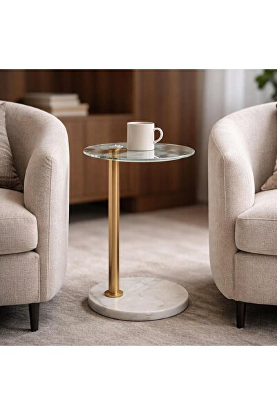 laverahome طاولة خدمة مستديرة سطح زجاج مع قاعدة رحام ابيض و عمود م – 35 سم – ...