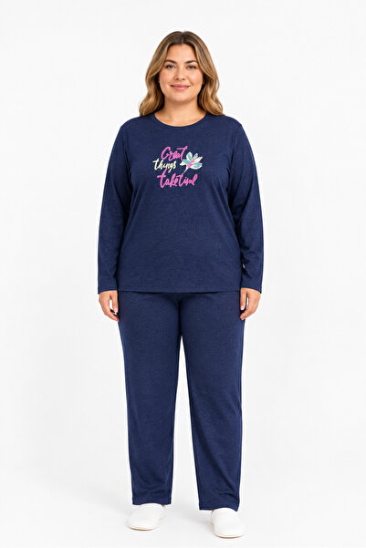 FAMES PİJAMA Plus Size Seasonal Great Things Pattern Navy Blue Pajama Set