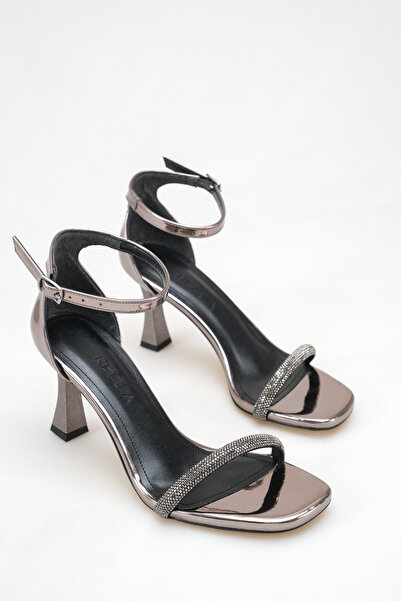 Rella Platinum Mirror Stone Detailed Thin Heeled Ankle Strap Evening Dress Sa...