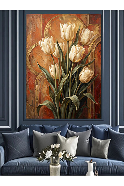 Artmeg Buchet de flori de lalele albe Pânză decorativă - Tablou din lemn Mdf