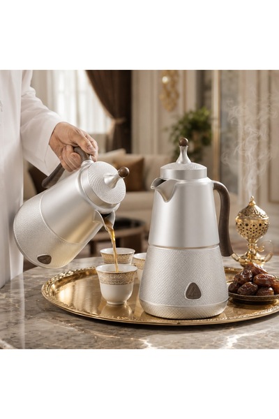 laverahome طقم ترامس ضيافة فاخر بلون فضي مطفي فاخر مع تفاصيل خشبية راقية ولمس...