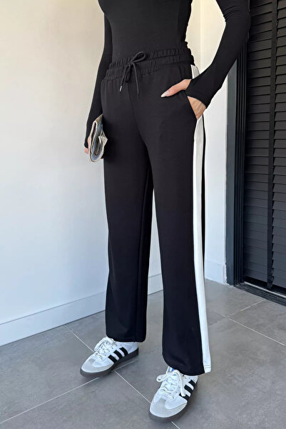 GÜLSELİ Black Women's Elastic Waist Side Stripe Sweatpants