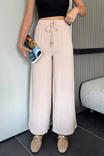 GÜLSELİ Beige Women's Elastic Waist Loose Fit Trousers