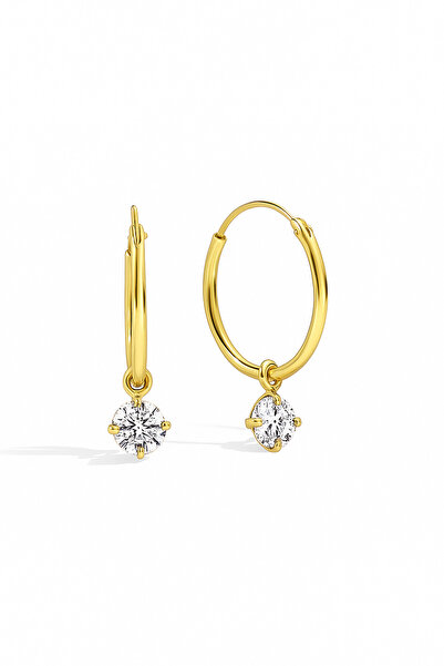 jelux silver Gümüş 925 Ayar 16 Mm Tek Zirkon Taşlı Halka Gold Küpe