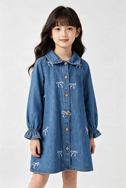 Pollito Ribbon Embroidered Girls' Denim Dress