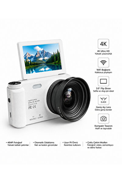 AL-TECH BİLİŞİM 4K WiFi Dijital Fotoğraf Makinesi – 0.45X Geniş Açı Lensli, Döner Ekranlı Kompakt Vlog Kamera