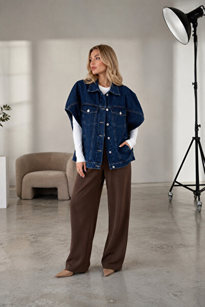 SHEVEGA Vestă din denim, fără mâneci, tip poncho, supradimensionată, albastru...