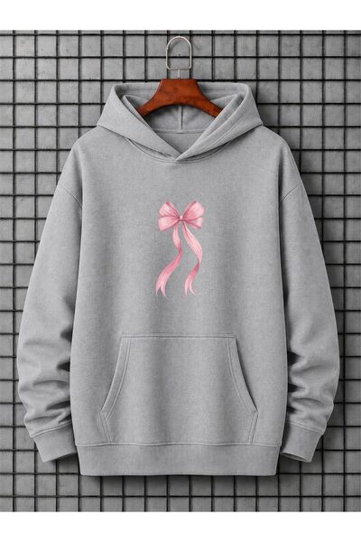 x-compass life Oversize Winter Women's Hooded Sweatshirt with Pink Ribbon Print