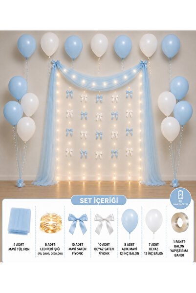 HAPPYLOOPPARTY Mavi Beyaz Tül Fonlu Doğum Günü Süsleme Seti 15 Balonlu Led Iş...