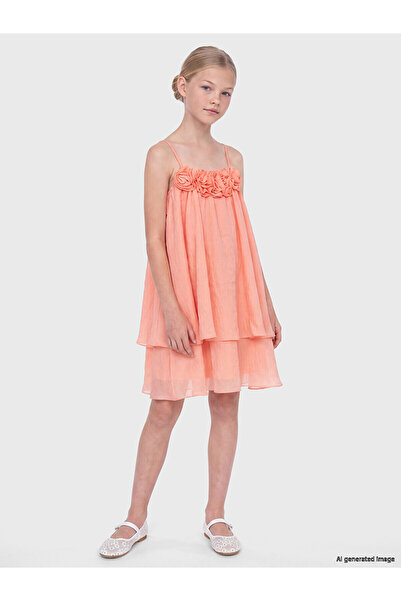 LC Waikiki Trendlucky Rose Detailed Layered Girl's Dress with Difference