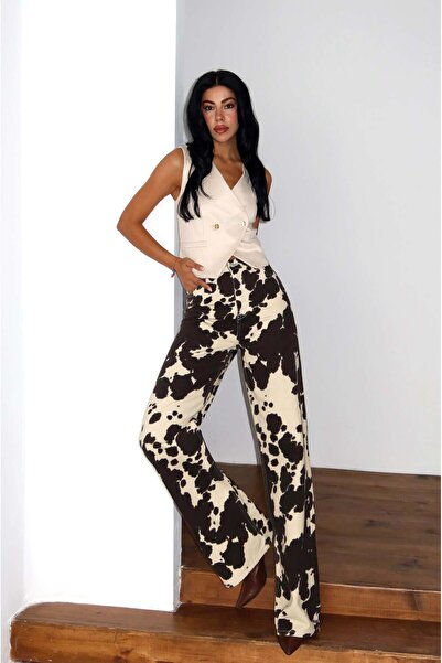 Moda Days Women's Brown Jean Trousers High Waist Loose Leg Cow Pattern Long W...